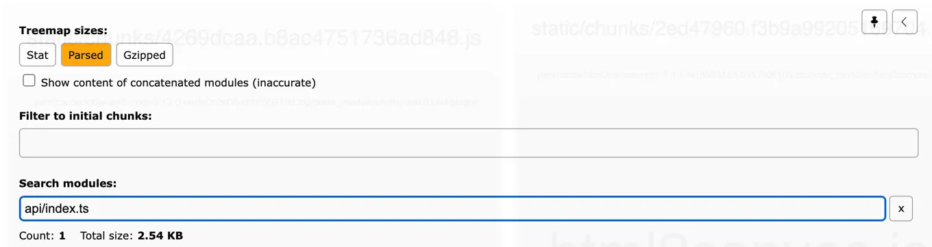 before 빌드 analyzer 검색 결과 — api/index.ts Count: 1, Total size: 2.54 KB